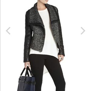 BCBG Contrast-Sleeve Tweed Jacket Black M